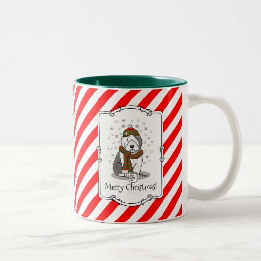 Winter Kerstmis Oud Engels Sheepdog Grey 1 Cute Tweekleurige Koffiemok (Rechts)