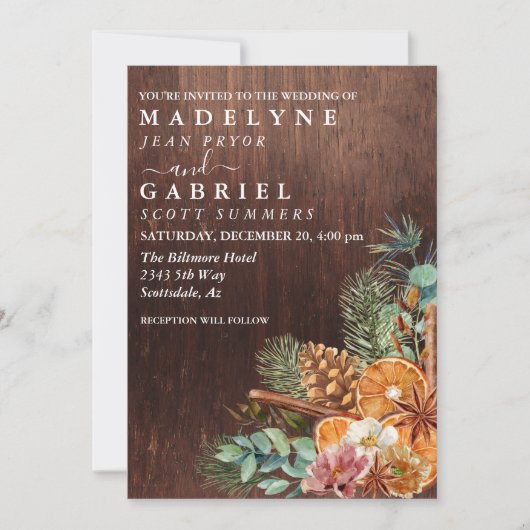 Winter Kerstmis Pine Bouquet Wood Weddenschap Kaart (Voorkant)