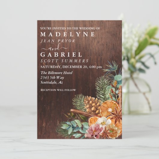 Winter Kerstmis Pine Bouquet Wood Weddenschap Kaart (Staand voorkant)