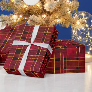 Winter Kerstmis Rood & Zwart Tartan & Goud Folie Cadeaupapier