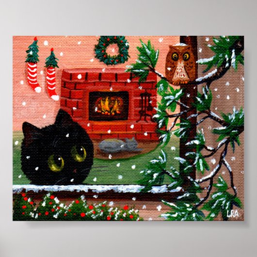Winter Kerstmis Zwarte Kat Owl Art Creationarts Poster (Voorkant)