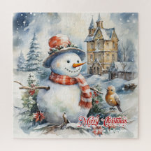 Winter Kerstscène met sneeuwman in sneeuwbos