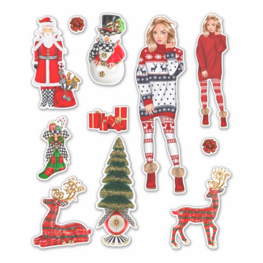 Winter Kerststickers Blond Vrouw Rood Decal Fun Sticker (Voorkant)