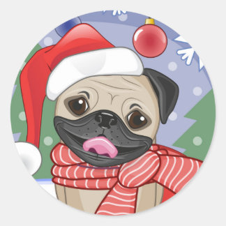 Winter & Kersttijd Pug Ronde Sticker