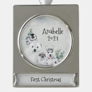 Winter Kerstvakantie Arctisch Dier 1e Kerst  Verzilverd Banner Ornament