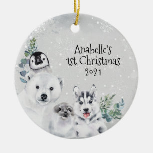 Winter Kerstvakantie Arctisch Dier 1e Kerstmis Keramisch Ornament