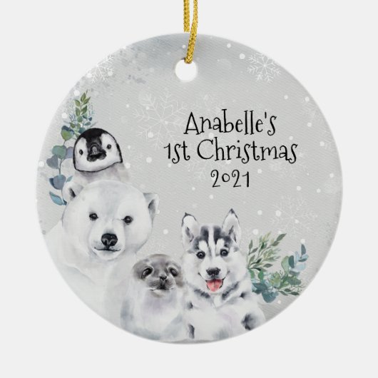 Winter Kerstvakantie Arctisch Dier 1e Kerstmis Keramisch Ornament (Voorkant)