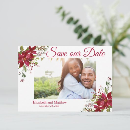 Winter Kerstvakantie Bourgondië Poinsettia Datum r Save The Date (Staand voorkant)