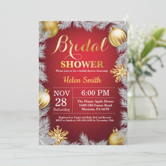 Winter Kerstvakantie bruids douche uitnodiging (Staand voorkant)