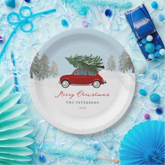 Winter Kerstvakantie Rode Truck Kerstfeest Papiere Papieren Bordje (Feest)