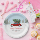 Winter Kerstvakantie Rode Truck Kerstfeest Papiere Papieren Bordje (Feest)