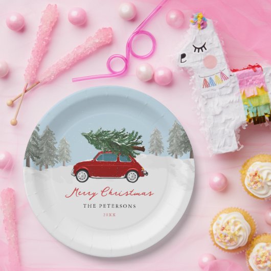 Winter Kerstvakantie Rode Truck Kerstfeest Papiere Papieren Bordje (Feest)