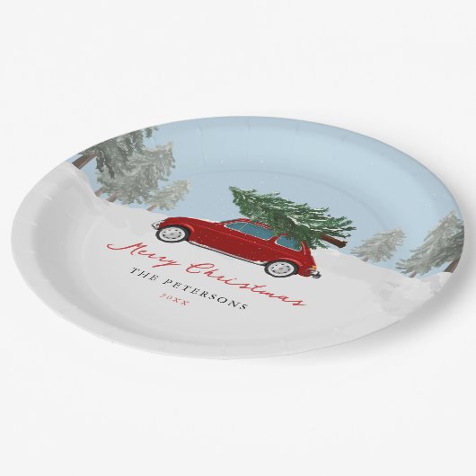 Winter Kerstvakantie Rode Truck Kerstfeest Papiere Papieren Bordje (Gekanteld)