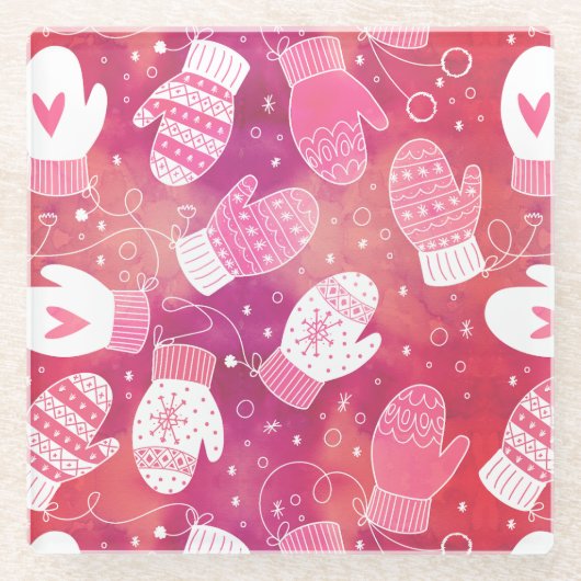 Winter Kerstwanten Patroon in Roze Glazen Onderzetter (Voorkant)