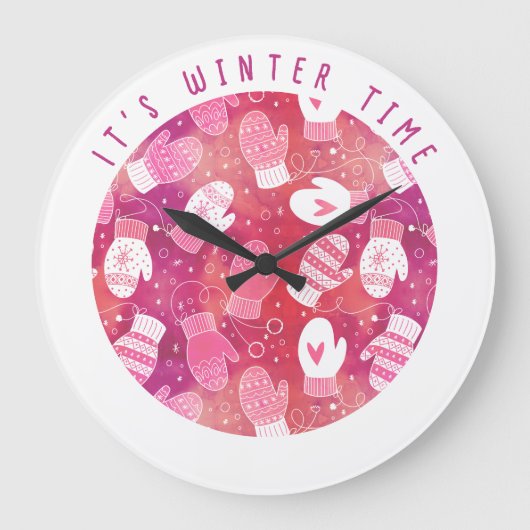 Winter Kerstwanten Patroon in Roze Grote Klok (Voorkant)