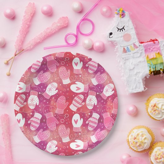Winter Kerstwanten Patroon in Roze Papieren Bordje (Feest)