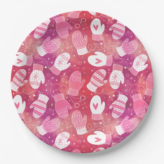 Winter Kerstwanten Patroon in Roze Papieren Bordje (Voorkant)