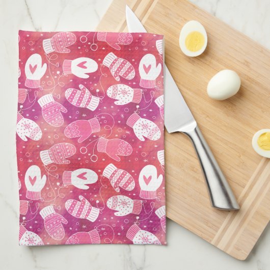 Winter Kerstwanten Patroon in Roze Theedoek (Quarter Fold)