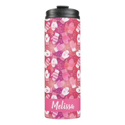 Winter Kerstwanten Patroon in Roze Thermosbeker (Voorkant)