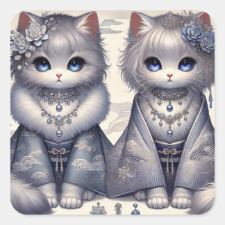 Winter Kimono Princess Cats Vierkante Sticker