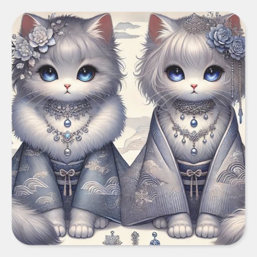 Winter Kimono Princess Cats Vierkante Sticker (Voorkant)
