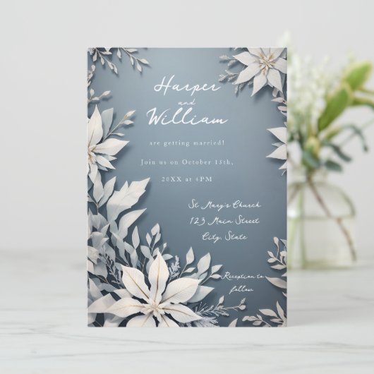 Winter knapperige witte en blauwe bruiloft uitnodi kaart (Staand voorkant)