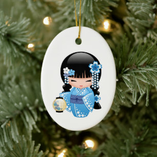 Winter Kokeshi Doll - Blue Kimono Geisha Girl Keramisch Ornament