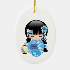 Winter Kokeshi Doll - Blue Kimono Geisha Girl Keramisch Ornament