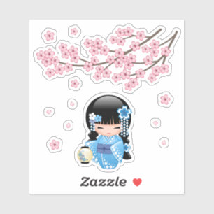 Winter Kokeshi Doll - Blue Kimono Geisha Girl Sticker