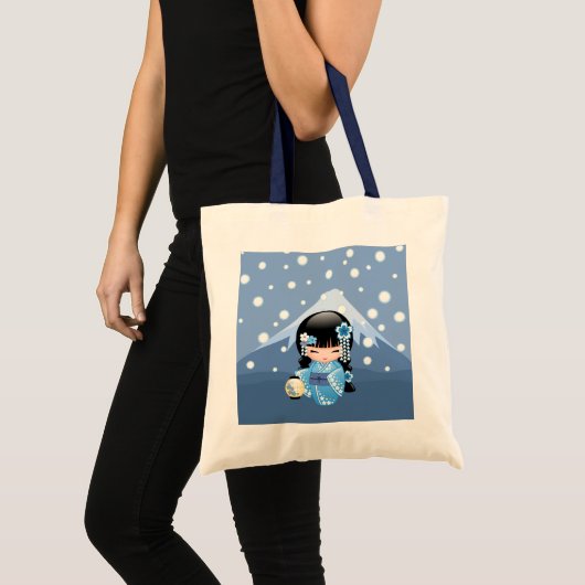Winter Kokeshi Doll - Blue Kimono Geisha Girl Tote Bag (Voorkant (product))