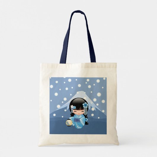 Winter Kokeshi Doll - Blue Kimono Geisha Girl Tote Bag (Achterkant)