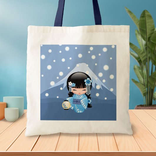 Winter Kokeshi Doll - Blue Kimono Geisha Girl Tote Bag
