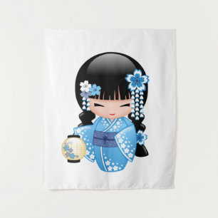 Winter Kokeshi Doll - Blue Kimono Geisha Girl Wandkleed