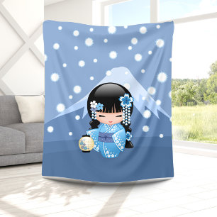 Winter Kokeshi Doll - Blue Mountain Geisha Girl Fleece Deken