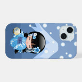 Winter Kokeshi Doll - Blue Mountain Geisha Girl iPhone 15 Case (Achterkant horizontaal)