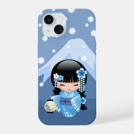 Winter Kokeshi Doll - Blue Mountain Geisha Girl iPhone 15 Case
