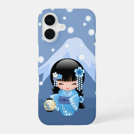 Winter Kokeshi Doll - Blue Mountain Geisha Girl iPhone 16 Hoesje