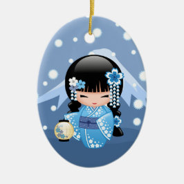 Winter Kokeshi Doll - Blue Mountain Geisha Girl Keramisch Ornament