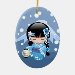 Winter Kokeshi Doll - Blue Mountain Geisha Girl Keramisch Ornament