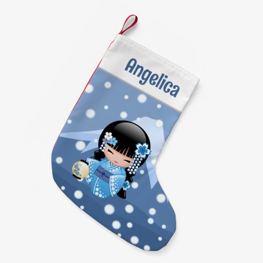 Winter Kokeshi Doll - Blue Mountain Geisha Girl Kleine Kerstsok (Voorkant (Hangend))