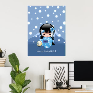 Winter Kokeshi Doll - Blue Mountain Geisha Girl Poster