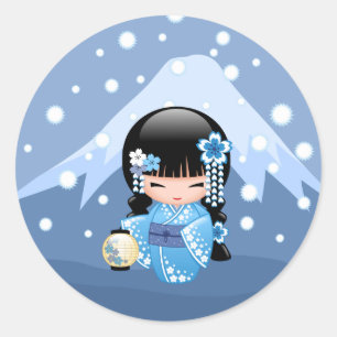 Winter Kokeshi Doll Blue Mountain Geisha Girl Ronde Sticker