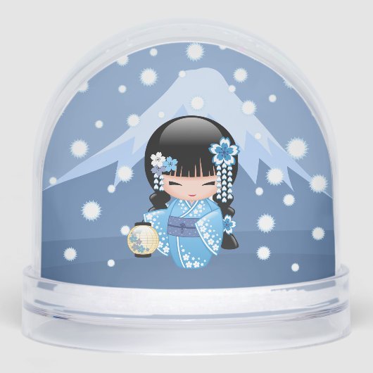 Winter Kokeshi Geisha Blue Girl Snow Globe Sneeuwbol (Voorkant)