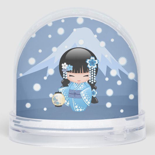 Winter Kokeshi Geisha Blue Girl Snow Globe Sneeuwbol (Achterkant)