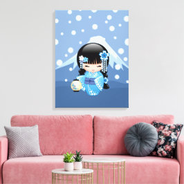 Winter Kokeshi-pop - Blauwe Berg Geisha-meisje Canvas Afdruk
