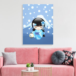 Winter Kokeshi-pop - Blauwe Berg Geisha-meisje Canvas Afdruk