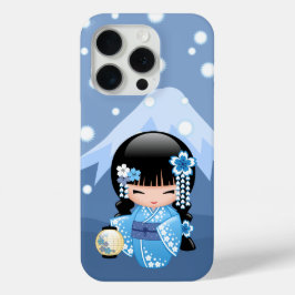 Winter Kokeshi-pop - Blauwe Berg Geisha-meisje iPhone 15 Pro Case