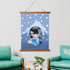 Winter Kokeshi-pop - Blauwe Berg Geisha-meisje Hangend Wandkleed