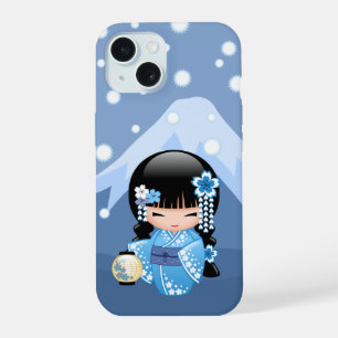Winter Kokeshi-pop - Blauwe Berg Geisha-meisje iPhone 15 Case