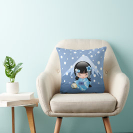 Winter Kokeshi-pop - Blauwe Berg Geisha-meisje Kussen